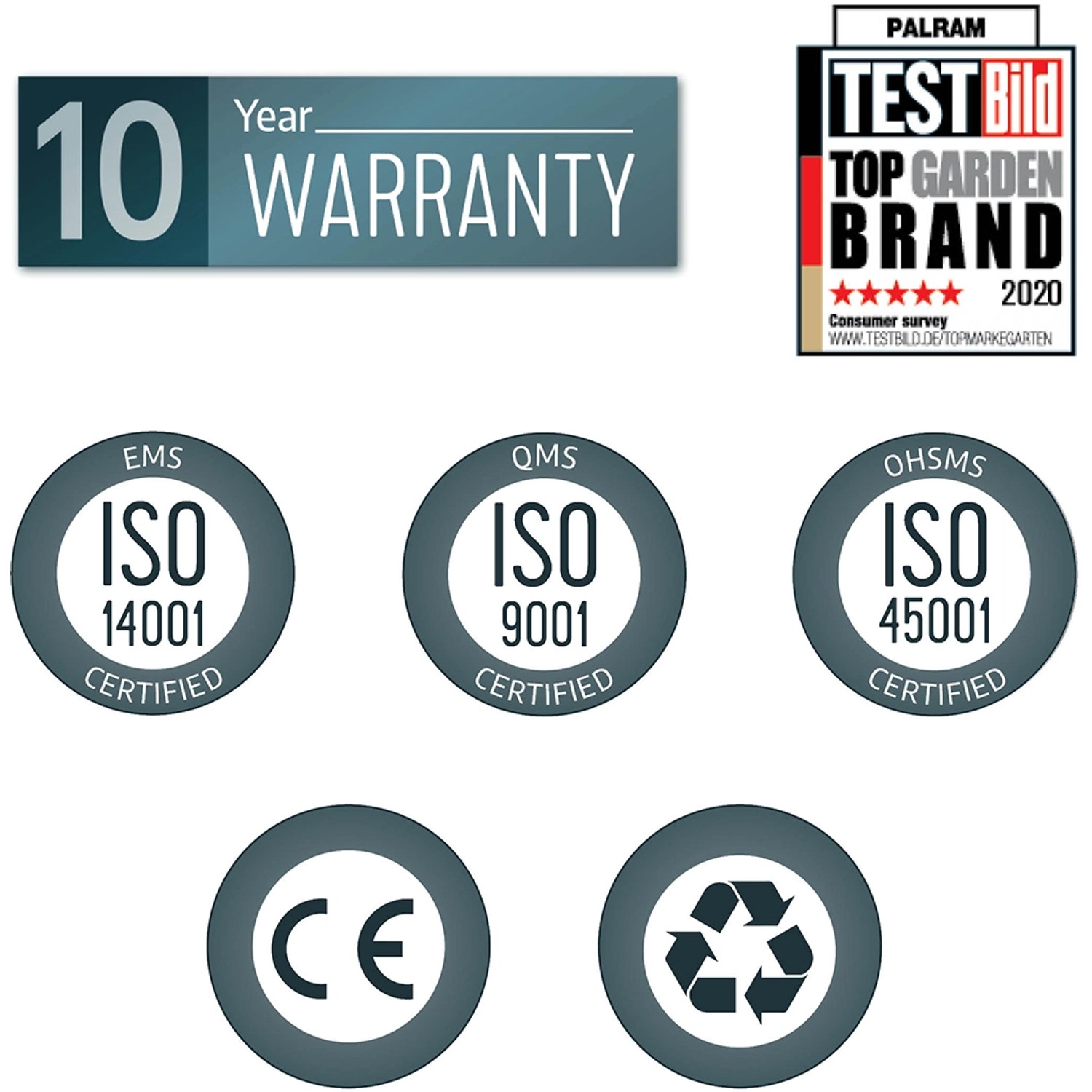 Zertifizierungen und Auszeichnungen für Palram - Canopia Gartenpavillon: Garantie, ISO, CE, Recycling, Top Garten Marke.