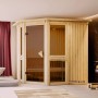 Karibu Sauna Anina 2 aus naturbelassenem Holz mit Ofen und Glaselementen in moderner Bad-Umgebung.