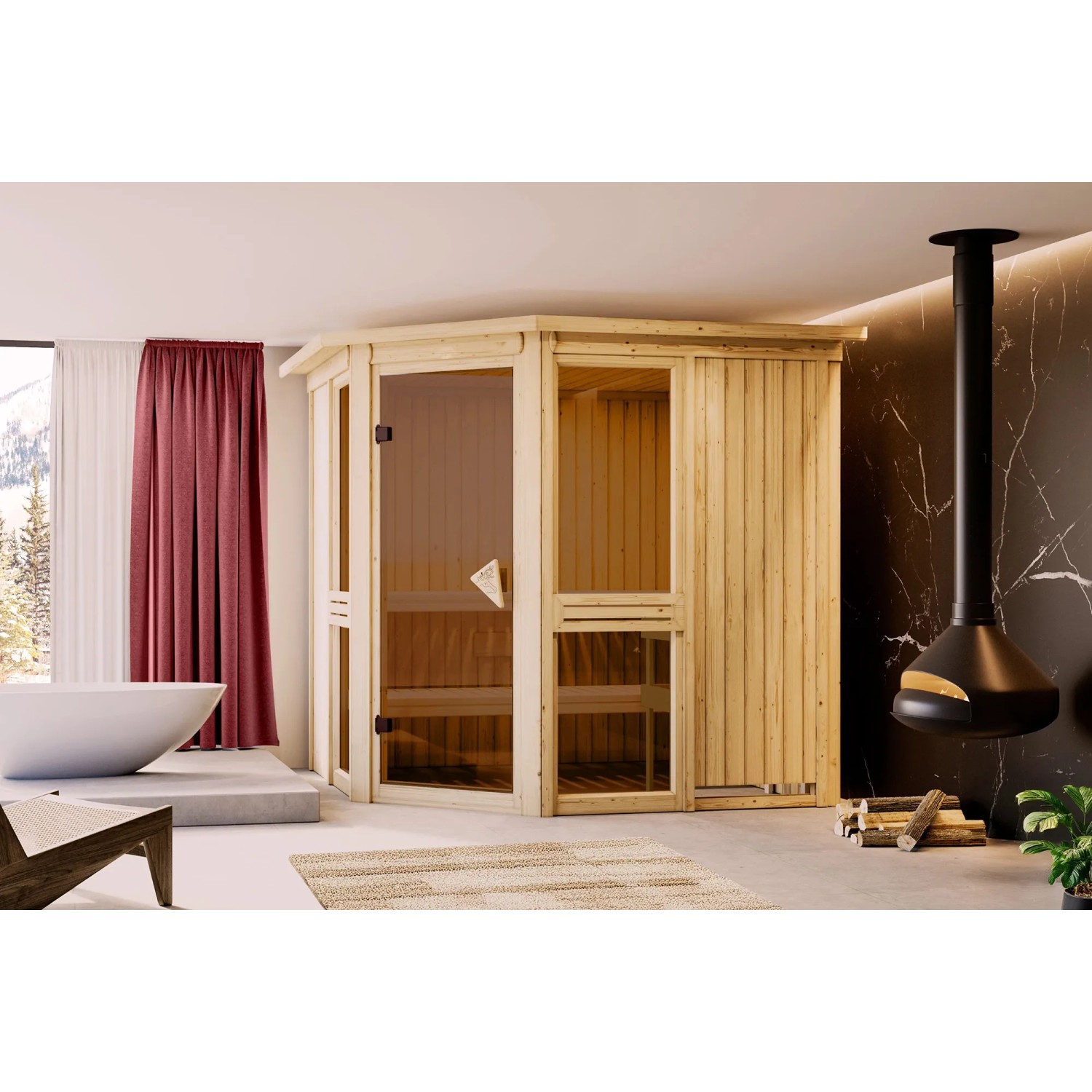 Karibu Sauna Anina 2 aus naturbelassenem Holz mit Ofen und Glaselementen in moderner Bad-Umgebung.
