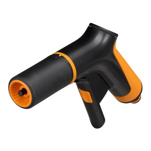 Fiskars Sprühpistole mit Frontregler, schwarz-orange, für Gartenbewässerung und Sprinkler-Systeme.
