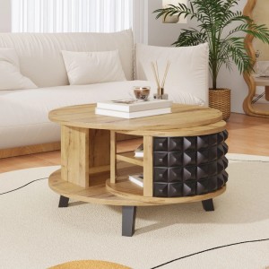 Runder Couchtisch Natur mit schwarzem Drehfach. Moderner Wohnzimmertisch mit versteckter Ablage und Holzmaserung.