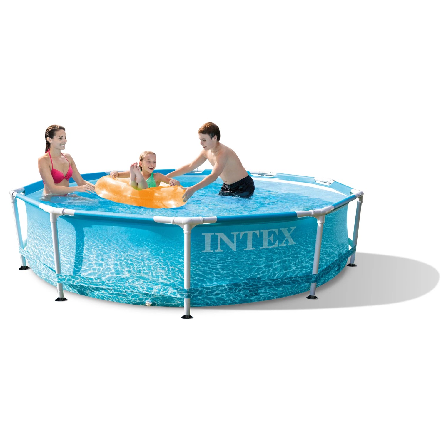 Intex Frame Pool Set Beachside, Ø 305 cm, mit Familie im Wasser. Stahlrahmenpool mit Ozean-Motiv.