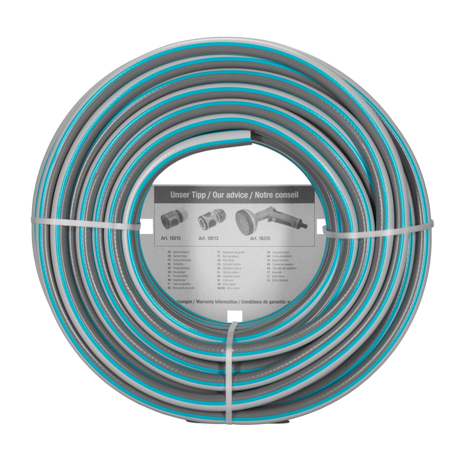 Gardena Gartenschlauch Classic, 18 m, grau/türkis, aufgerollt.