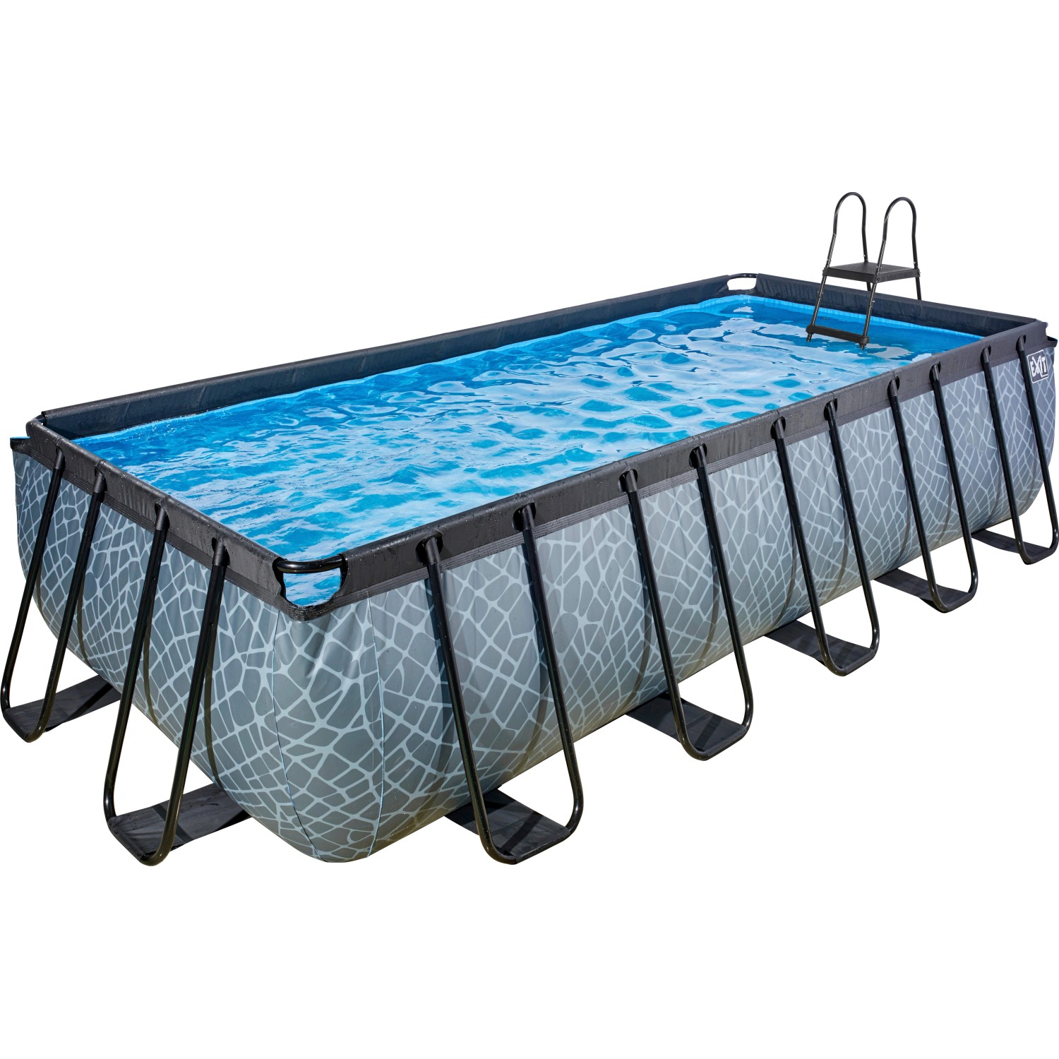 Rechteckiger EXIT Stone Pool, 540x250x122cm, grau mit Steinmuster, inklusive Sandfilterpumpe und Leiter.