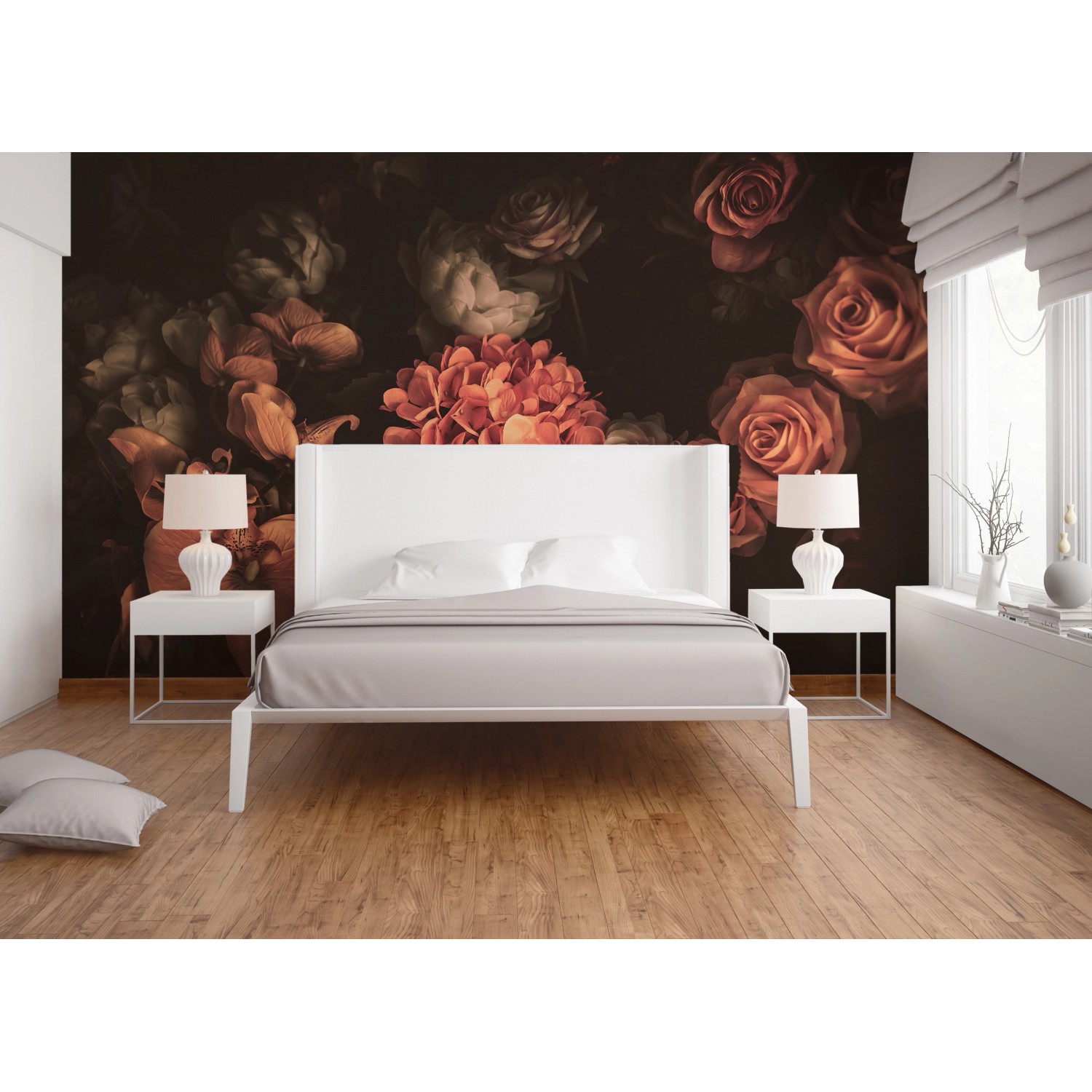 Fototapete Blumenbouquet in Orange und Gelb hinter einem Bett. Romantisches florales Design.