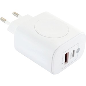 Weißer Schwaiger Ladeadapter mit USB-A, USB-C und magnetischer Smartwatch-Ladeplatte. Handy-Zubehör 20W.