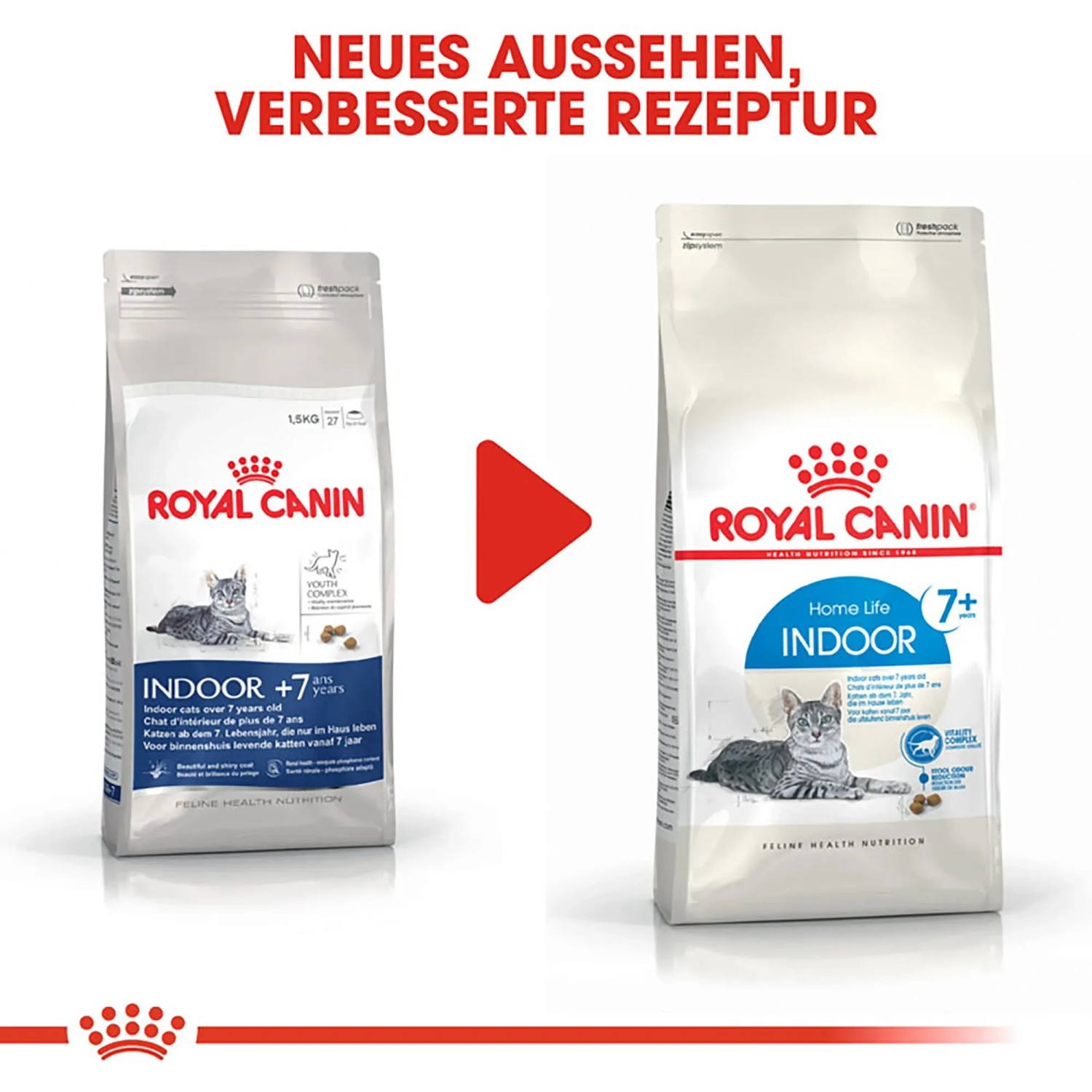 Royal Canin Indoor 7+ Trockenfutter für ältere Wohnungskatzen, zwei Packungen im Vergleich.