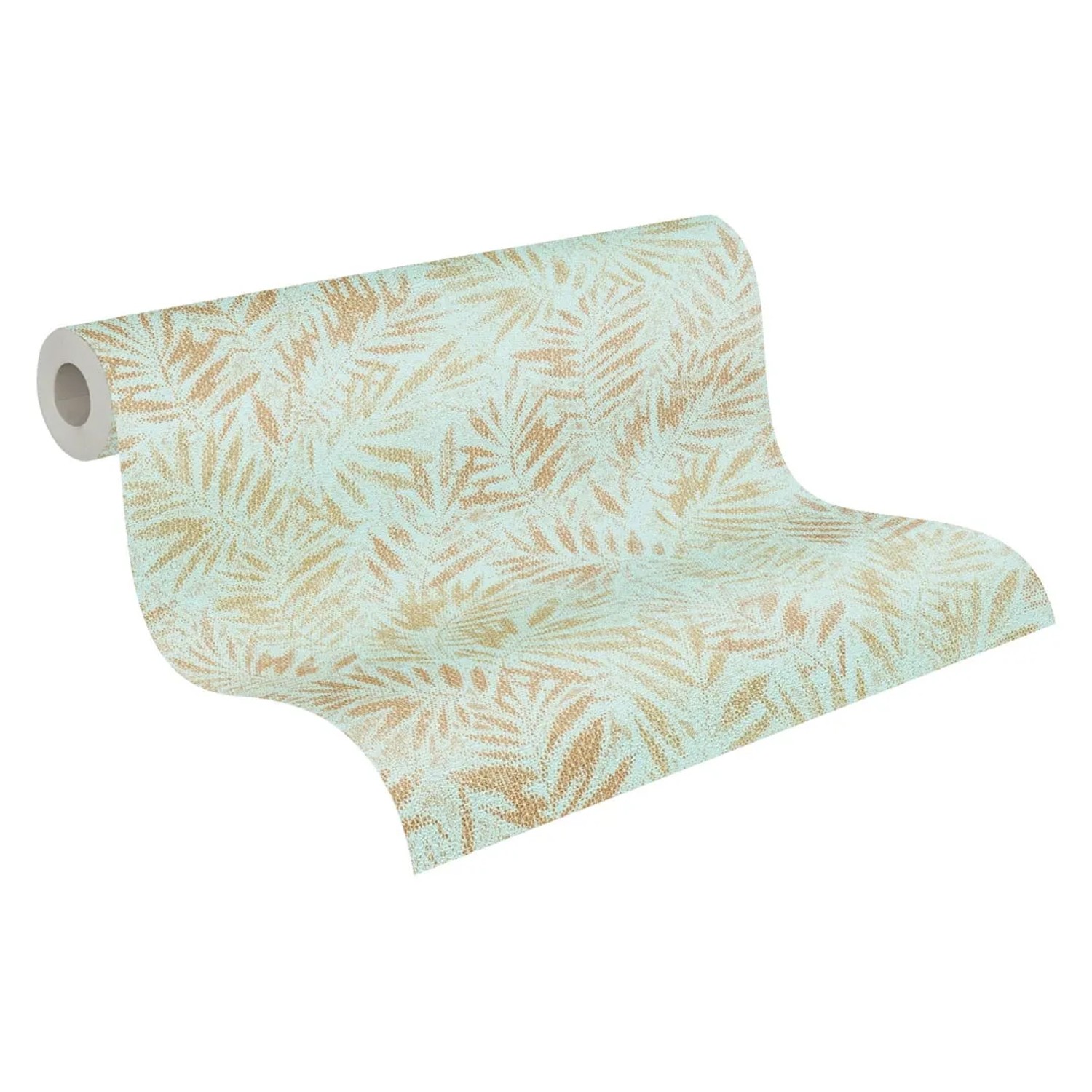 Türkis-goldene Vliestapete mit Blättermuster, glänzend und matt strukturiert.