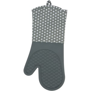 Grauer Wenko Topfhandschuh aus Silikon mit weißen Punkten, Küchenhelfer für heiße Töpfe.