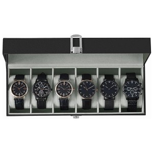 Schwarze Songmics Uhrenbox Bridie mit 6 Uhren zur Aufbewahrung.