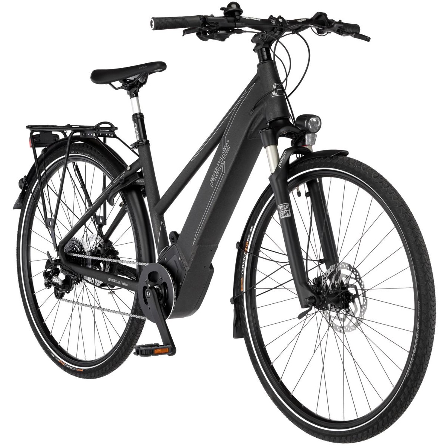 Schwarzes Fischer E-Bike Viator 6.0i mit Trapezrahmen und Brose Mittelmotor.