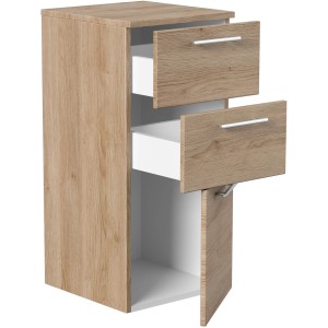 Posseik Bad-Hängeschrank Rima, Eiche hell, 40 cm breit, mit zwei Schubladen und einer Tür.