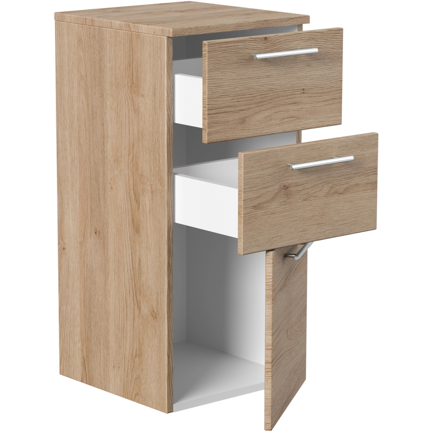 Posseik Bad-Hängeschrank Rima, Eiche hell, 40 cm breit, mit zwei Schubladen und einer Tür.