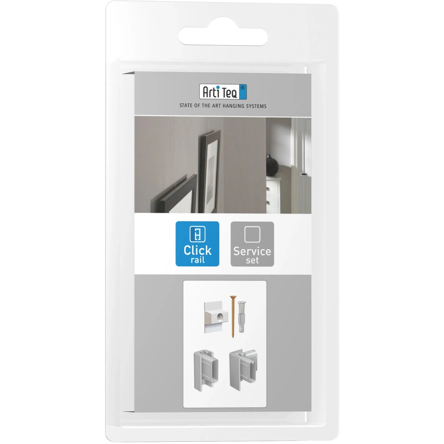 Artiteq Befestigungsset für Click Rail Alu Bilderschiene, inkl. Clips, Endkappen und Eckverbinder.