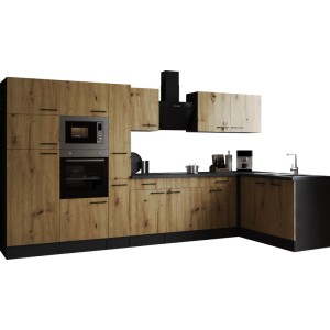 Respekta Winkelküche Oliver 370 cm in Artisan Eiche mit E-Geräten und Spüle.