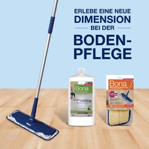 Bona Stein-, Fliesen- und Laminat Polish 1 l mit Mopp und Applikator-Pad für die Bodenpflege.