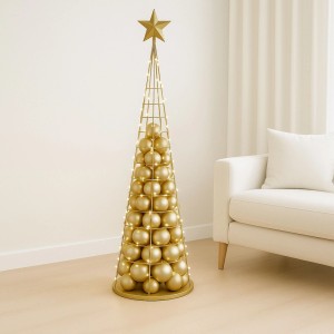 Goldfarbener Deko-Baum aus Metall, 160 cm hoch, mit goldenen Kugeln und Stern als Weihnachtsdekoration.