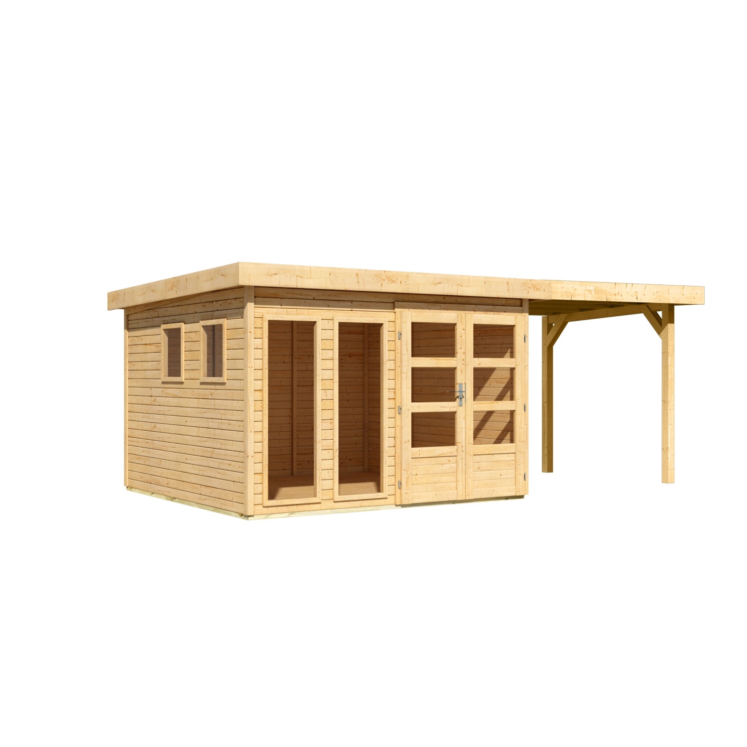 Karibu Gartenhaus Maradi mit Anbaudach, naturbelassenes Holz, Fenster und Türen.