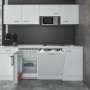 Weiße Flex-Well Classic Büroküche Wito 210 cm mit Spüle, Kühlschrank, Geschirrspüler und Mikrowelle.