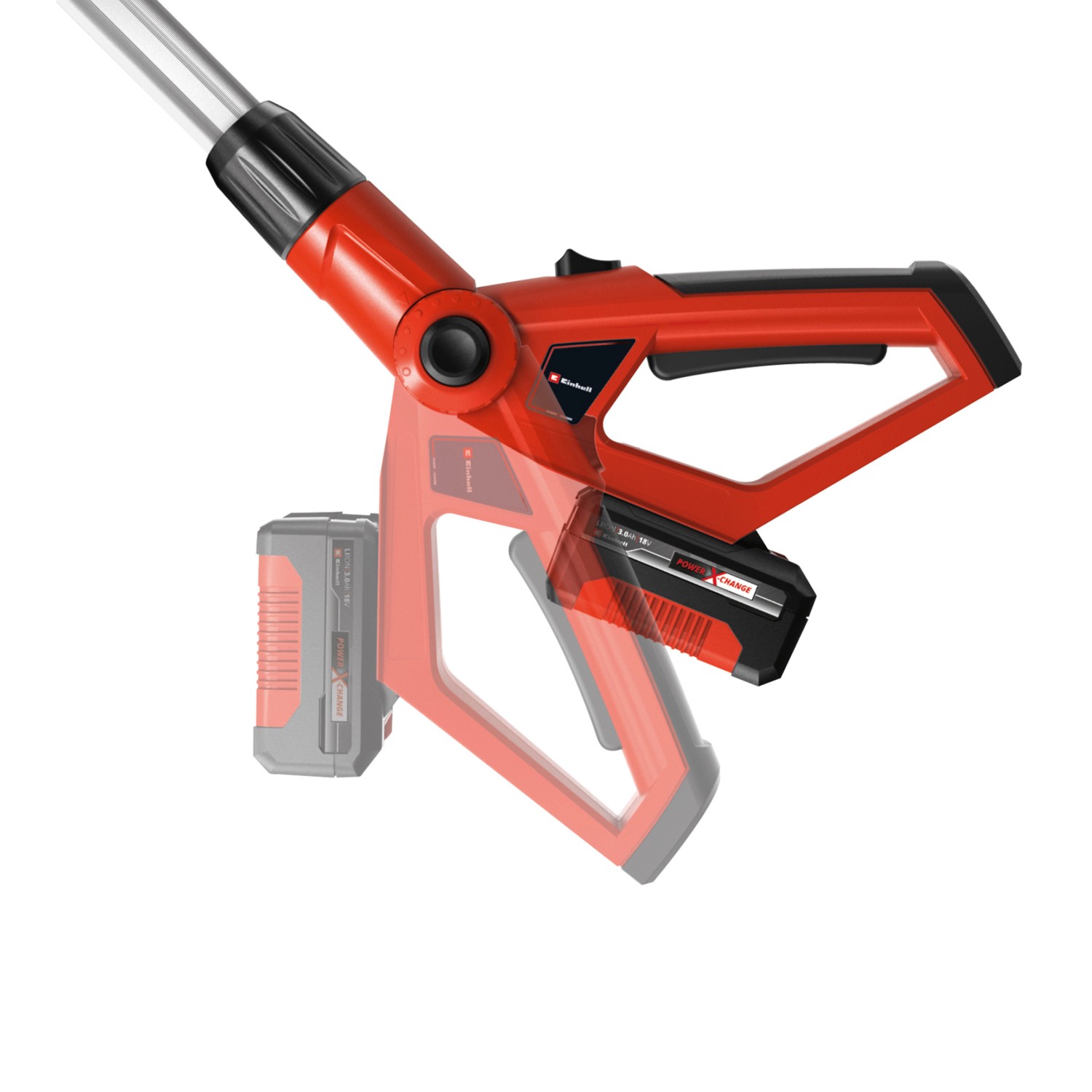 Einhell Akku-Hochentaster GE-HC 18 Li T Solo, rotes Gehäuse mit Akku, Detailansicht.