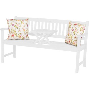 Weiße Siena Garden Gartenbank Florida mit Klapptisch und floralen Kissen.