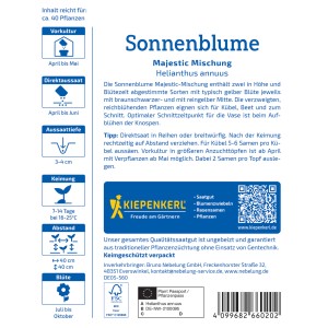 Kiepenkerl Sonnenblume Majestic Mischung Saatgutpackung mit Infos zu Aussaat und Blütezeit.