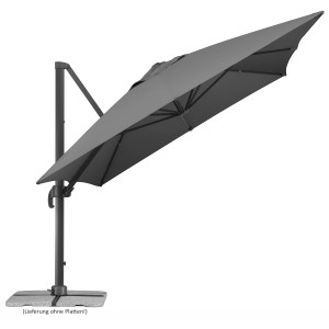 Anthrazitfarbener Schneider Ampelschirm Rhodos Grande 400x300 cm mit Kurbel und Plattenständer.