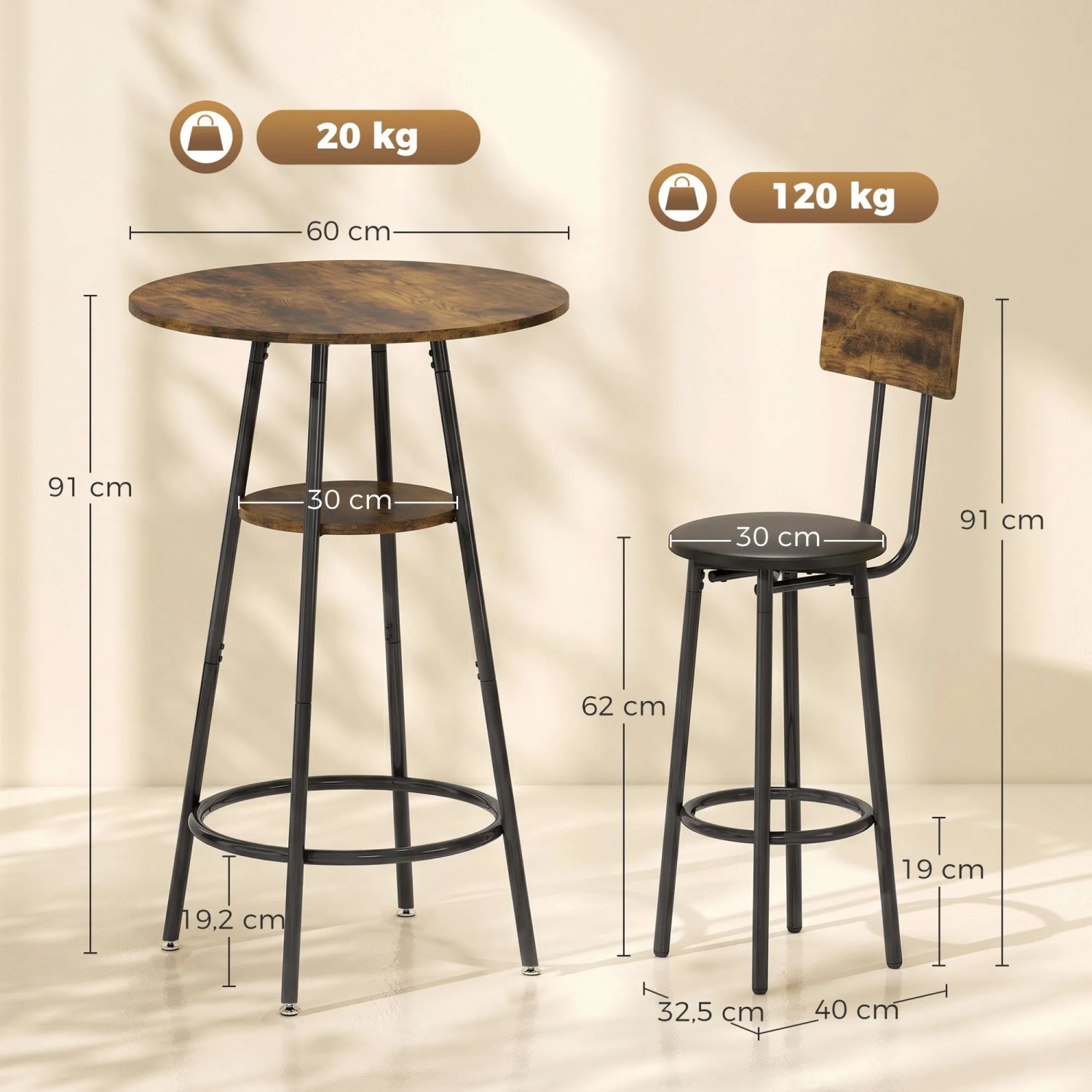 Rundes Bartisch-Set mit rustikal brauner Spanplatte, schwarzem Metallgestell, Ablage und gepolstertem Barhocker mit Rückenlehne.