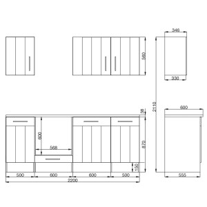Technische Zeichnung der Respekta Landhausküche 220cm in Lärche Weiß Matt mit Maßen.