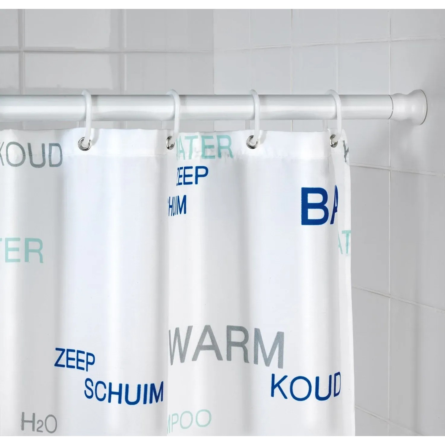 Weiße Wenko Duschvorhangstange aus Aluminium, ausziehbar von 110 bis 245 cm.