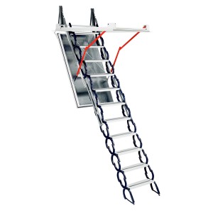 Minka Bodentreppe Type 13 X-Large, weiß-anthrazit, ausgefahren. Raumspartreppe für den Innenbereich.