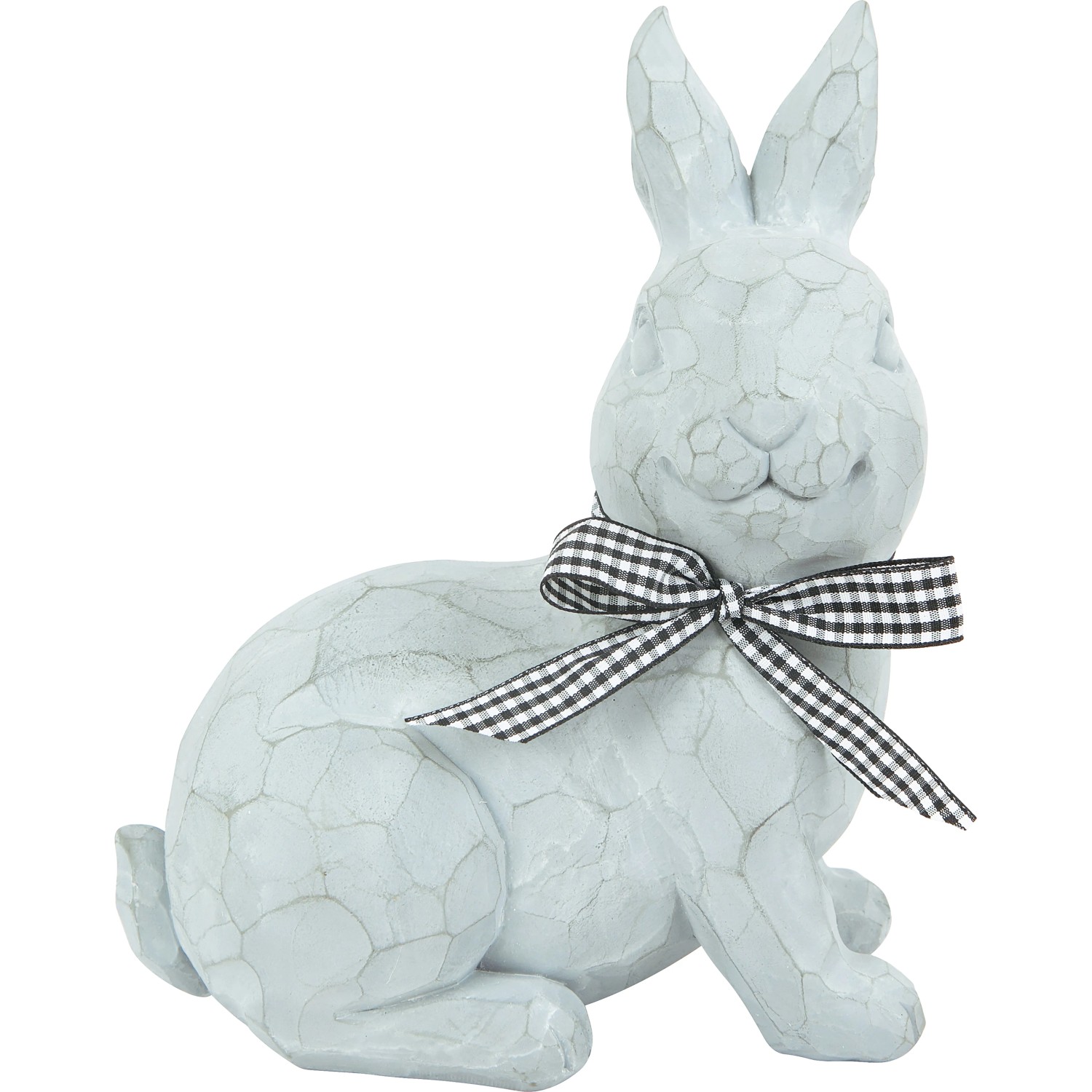 Sitzender grauer Hase als Dekofigur aus Polyresin mit Schleife für die Gartendekoration.