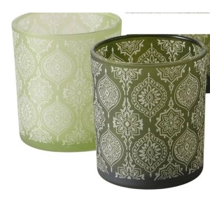 Windlicht Portofino XS, mattgrün, mit weißem Ornament-Druck. Glas Windlicht für stimmungsvolle Beleuchtung.