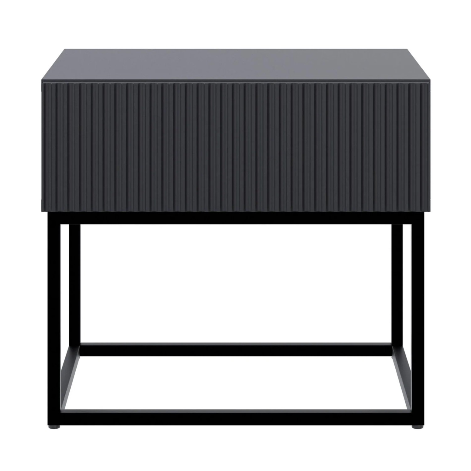 Selsey Veldio Nachttisch schwarz, 50 cm, mit Rillenfront und schwarzem Metallgestell. Moderne Schlafzimmermöbel.