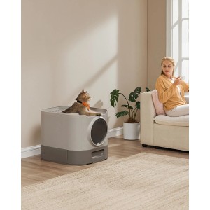 Graue Feandrea Katzentoilette Boxal XL mit Deckel und Katze darauf.