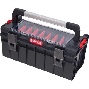 QBRICK Werkzeugkoffer PRO 600 Profi, schwarzer Werkzeugkasten mit transparentem Deckel und Aluminiumgriff.