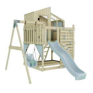 PolarPlay Babyschaukel Lotta Eisblau mit Spielturm, Rutsche und Kletterwand.