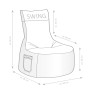 Skizze: Brauner Sitting Point Sessel Swing mit Maßen. Sitzsack mit Seitentasche.