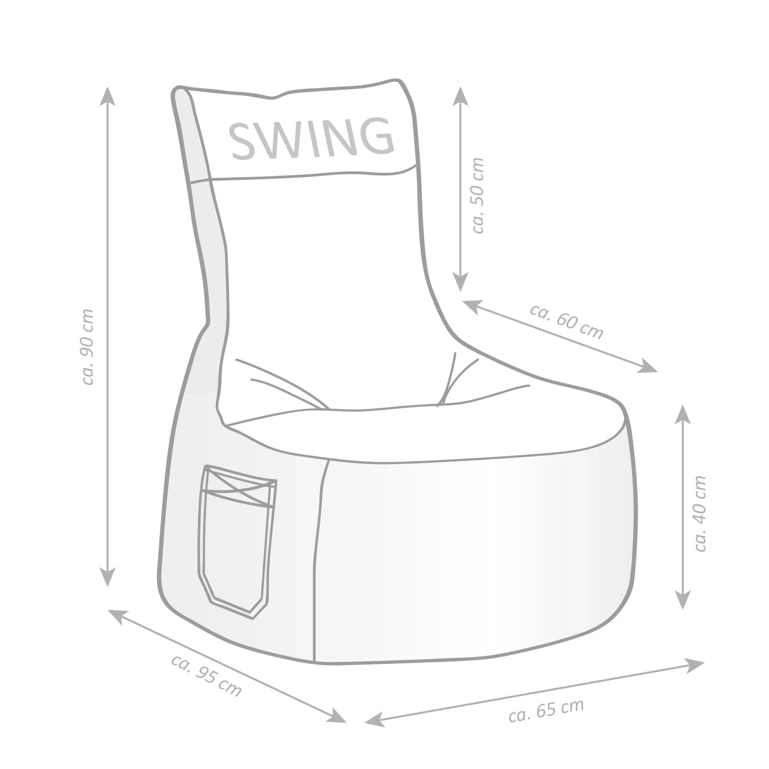 Skizze: Brauner Sitting Point Sessel Swing mit Maßen. Sitzsack mit Seitentasche.