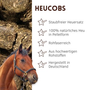 Braunes Pferd mit Halfter und Supravit Heucobs. Staubfreier Heuersatz, 100% natürliches Heu in Pelletform, rohfaserreich.
