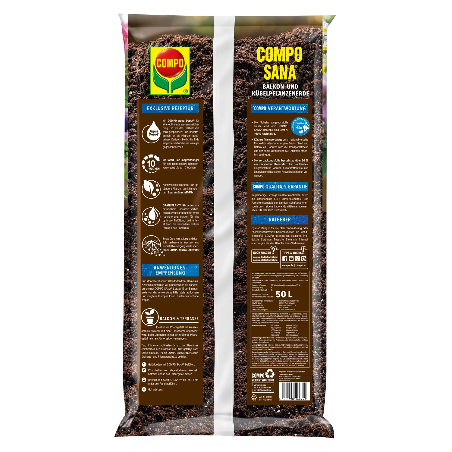 Sack Compo Sana torffreie Balkon- und Kübelpflanzenerde, 50L. Spezialerde für Balkon- und Terrassenpflanzen.