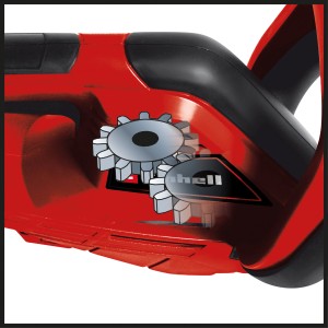 Detailaufnahme: Einhell GH-EH 4245 Elektro-Heckenschere mit robustem Metallgetriebe.