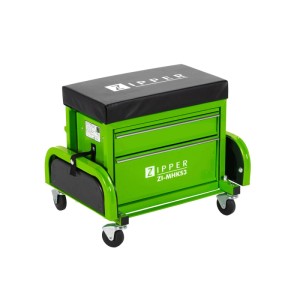 Grüner, mobiler Zipper Montagehocker ZI-MHKS3 mit schwarzer Sitzfläche, 2 Schubfächern und Rollen für Werkstatt & Autoreparatur.