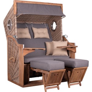 Trendy by DeVries Strandkorb Greenline 135 XL aus Akazienholz mit grauem Bezug und ausziehbaren Fußstützen.