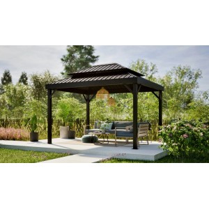 Schwarzer Sojag Pavillon London mit Doppeldach und Sitzgruppe im Garten.