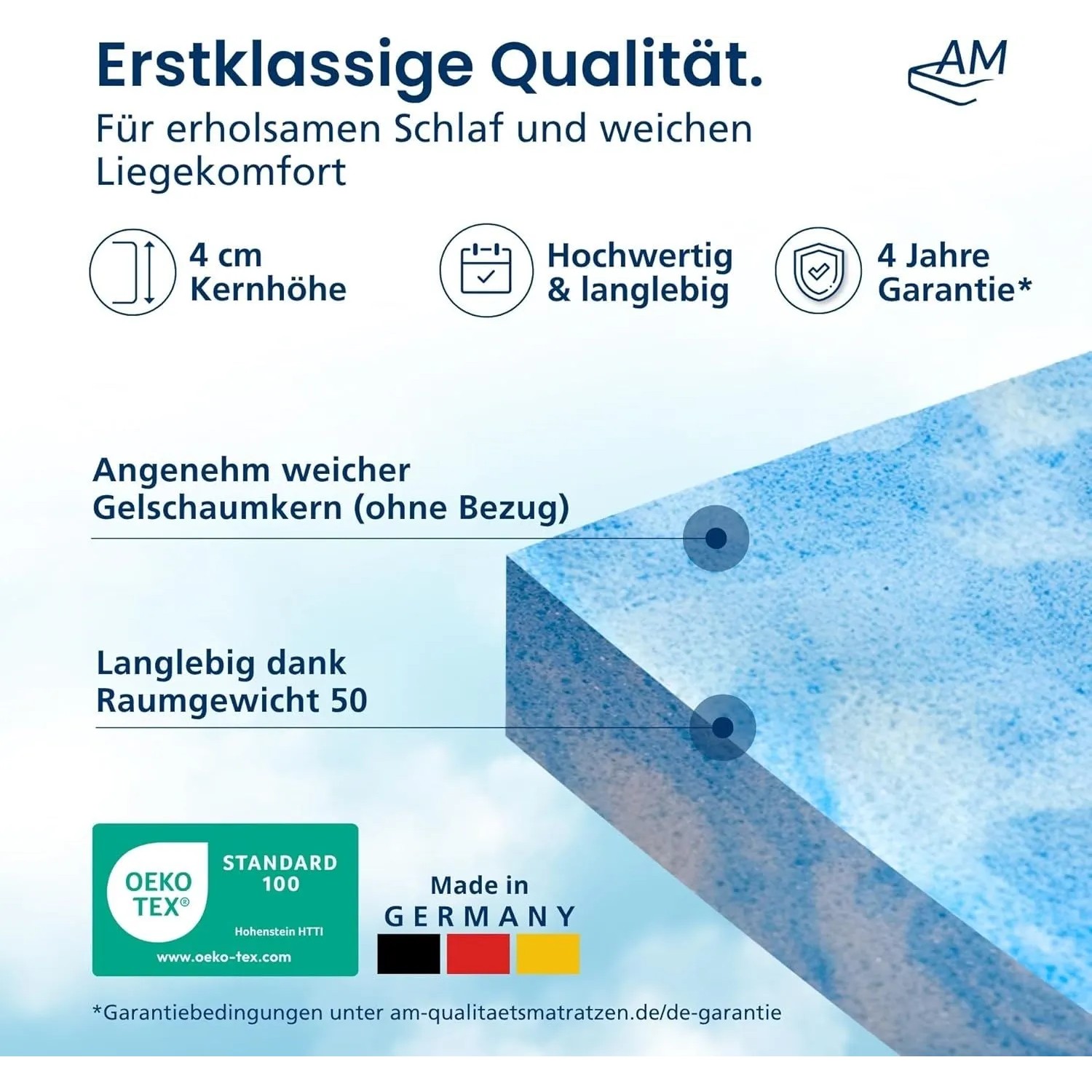 AM Gelschaum Topper, blau-weiß, 4 cm Kernhöhe, RG50, Made in Germany, OEKO-TEX zertifiziert für Matratzen.