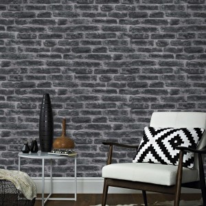 Superfresco Easy Vliestapete Industry Noir Black mit Steinwand-Optik im Wohnraum.