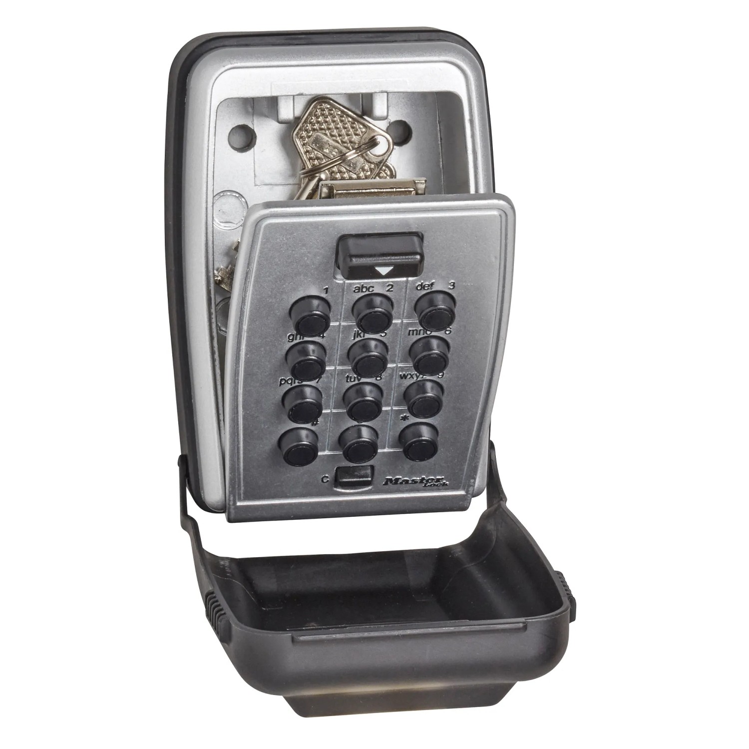 Offener Master Lock Schlüsseltresor 5423EURD zur Wandmontage in Schwarz-Grau mit Tastenfeld und Schlüsseln.