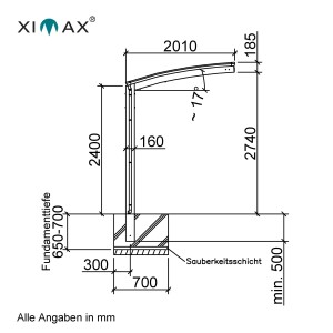 Technische Zeichnung: Ximax Carport Portoforte Mini Typ 60, Maße und Details zur Sonderfertigung.