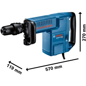 Blauer Bosch Professional GSH 11 E Schlaghammer mit Maßangaben, im Handwerkerkoffer.